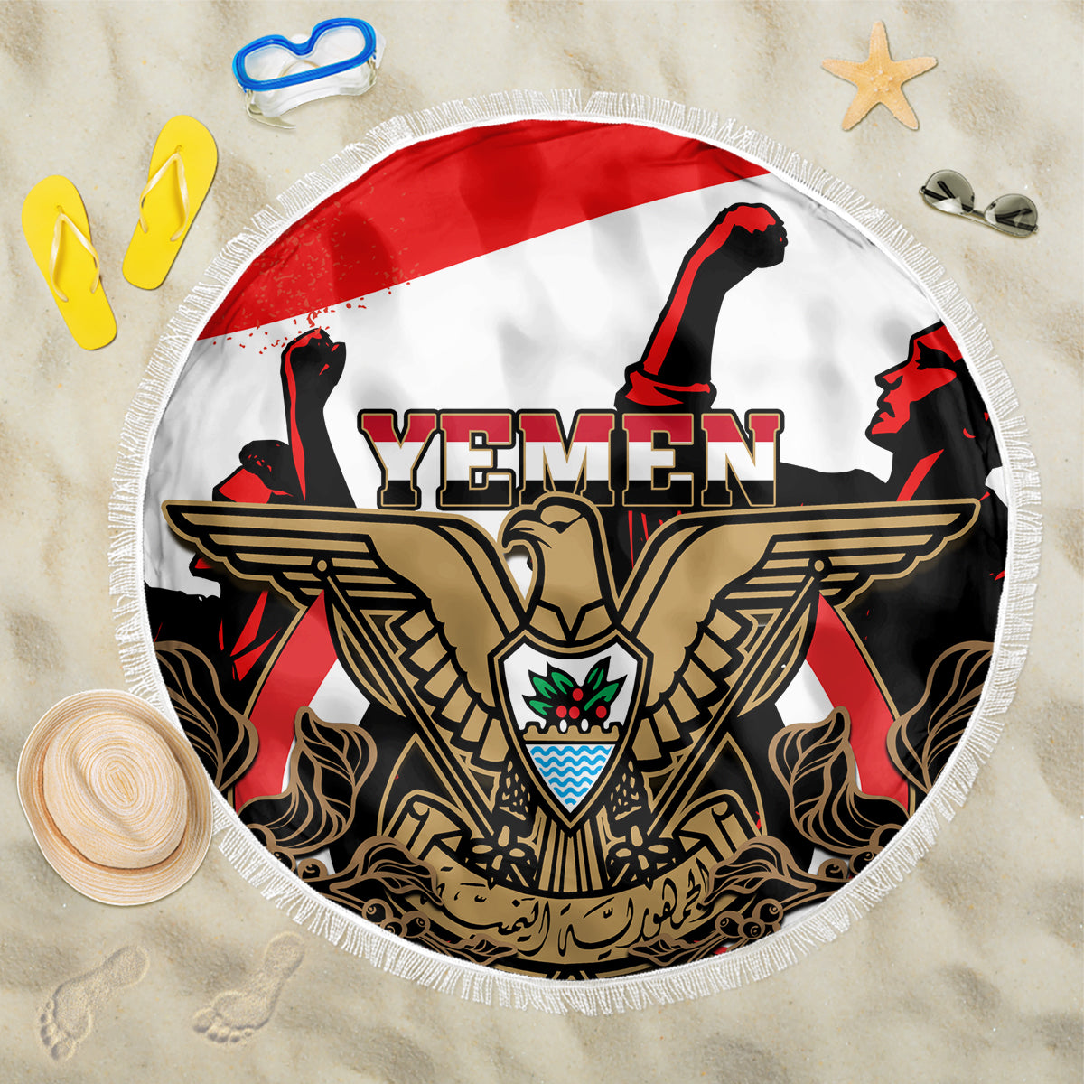 Round beach blanket with Yemen crest, gold wings and tassel fringe border