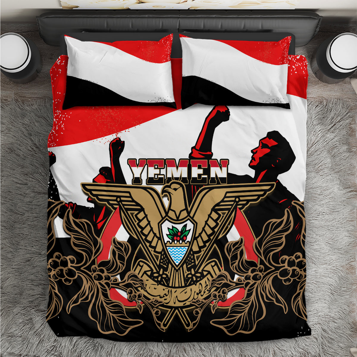 Yemen-themed bedding set: red-white-black flag with gold coat of arms on duvet and pillows
