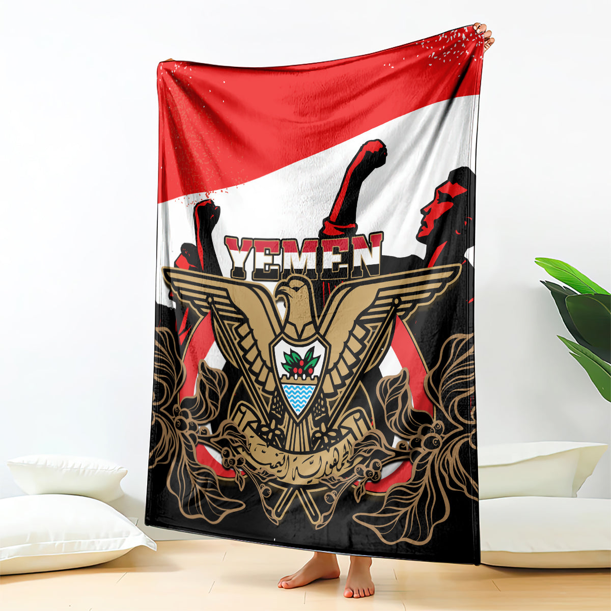 Yemen Independence Day blanket with Yemen coat of arms and red-white flag pattern