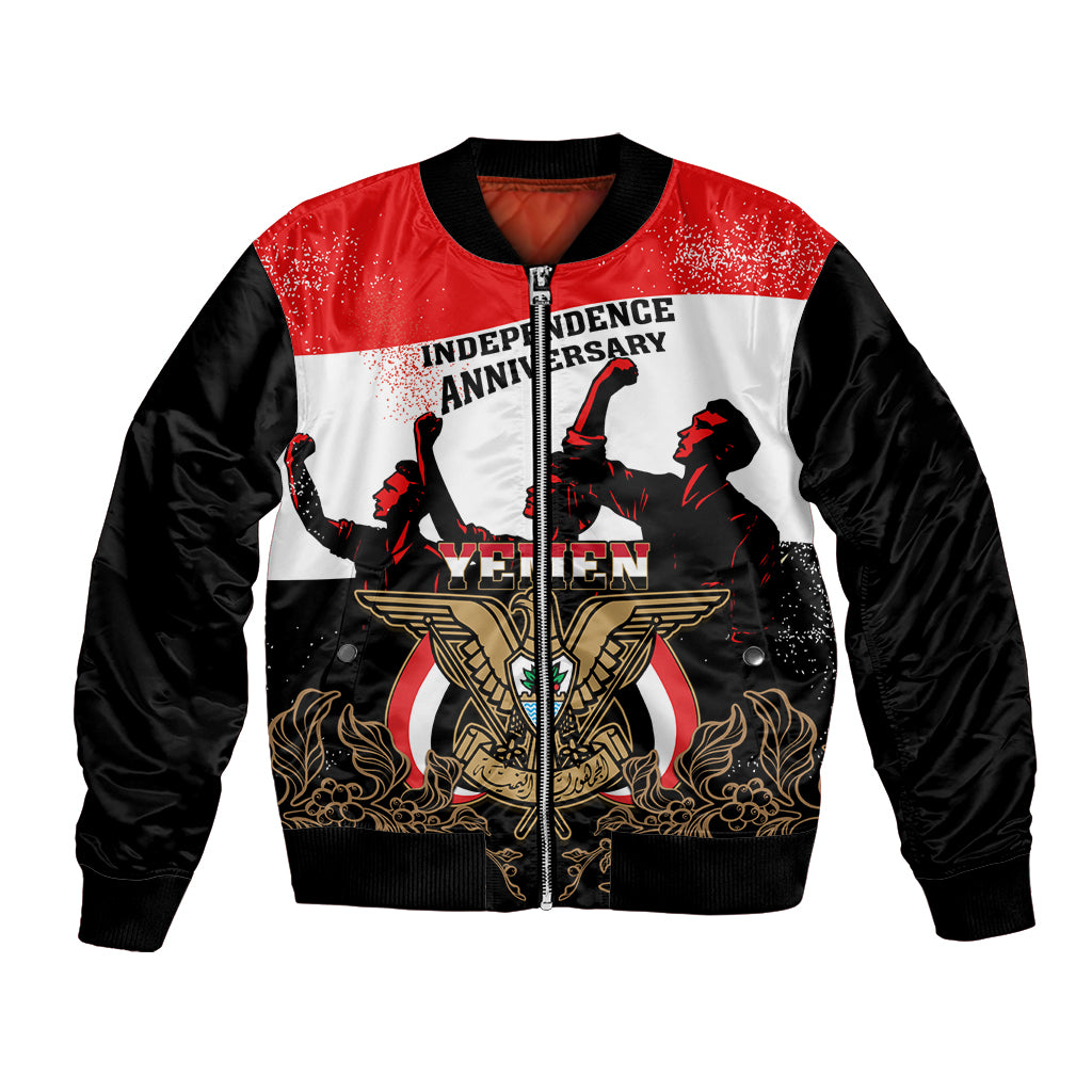 Black bomber jacket with red/white graphic panel and Yemen coat of arms front