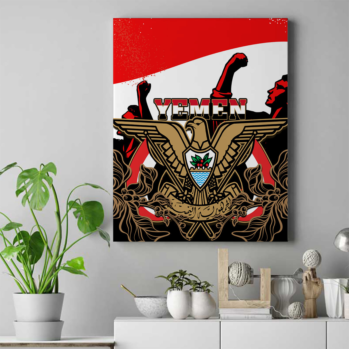 Yemen Independence Day Canvas Wall Art Yemeni Coat Of Arms With Coffea Arabica Flowers - Wonder Print Shop