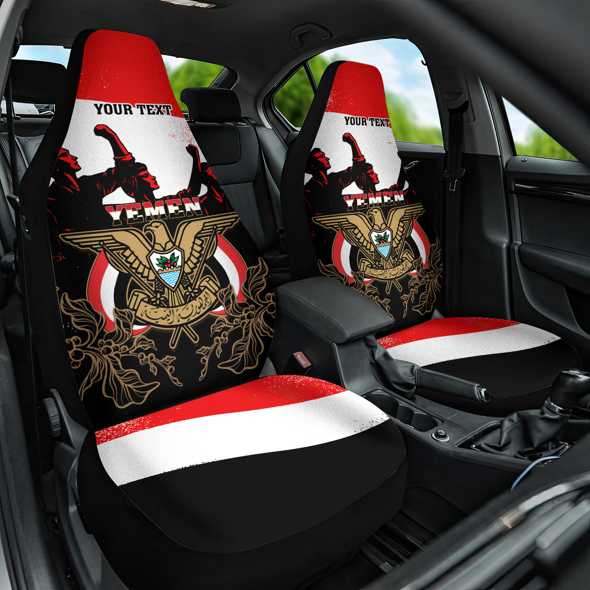 Yemen Independence Day Car Seat Cover Yemeni Coat Of Arms With Coffea Arabica Flowers - Wonder Print Shop