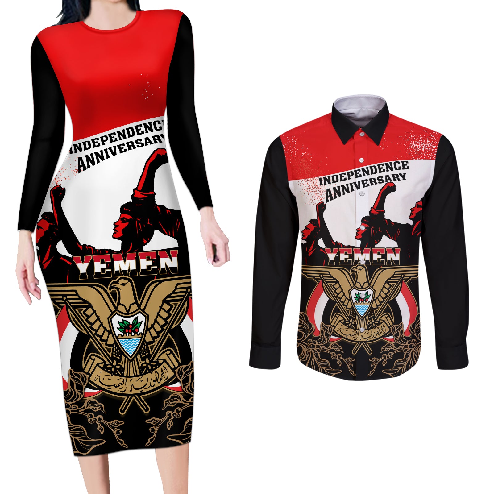 Personalised Yemen Independence Day Couples Matching Long Sleeve Bodycon Dress and Long Sleeve Button Shirt Yemeni Coat Of Arms With Coffea Arabica Flowers - Wonder Print Shop