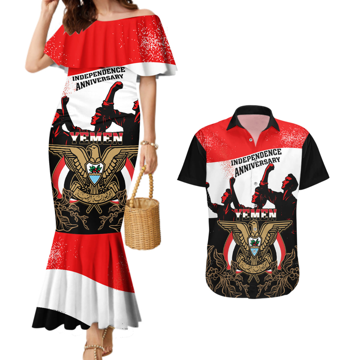 Personalised Yemen Independence Day Couples Matching Mermaid Dress and Hawaiian Shirt Yemeni Coat Of Arms With Coffea Arabica Flowers - Wonder Print Shop