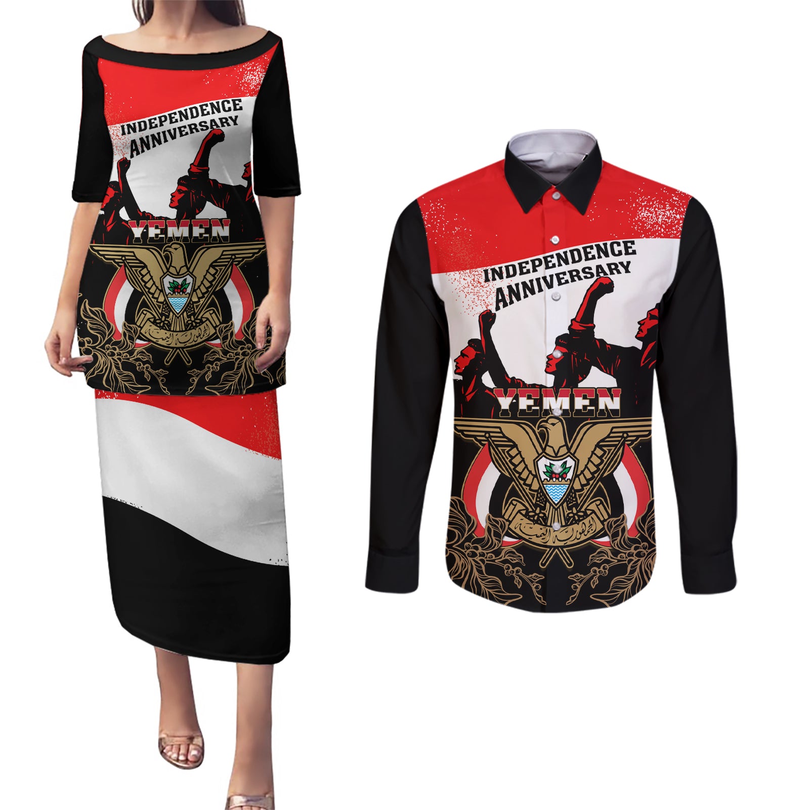 Personalised Yemen Independence Day Couples Matching Puletasi Dress and Long Sleeve Button Shirt Yemeni Coat Of Arms With Coffea Arabica Flowers - Wonder Print Shop