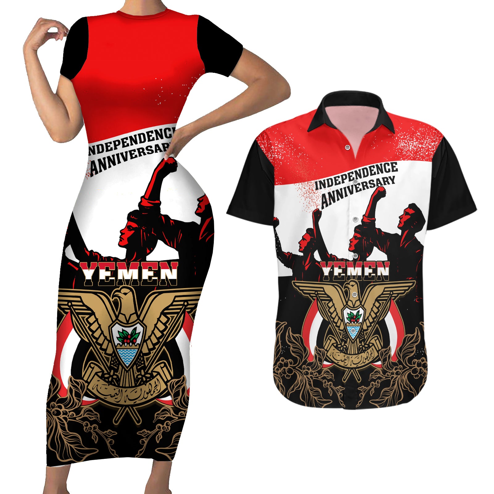 Personalised Yemen Independence Day Couples Matching Short Sleeve Bodycon Dress and Hawaiian Shirt Yemeni Coat Of Arms With Coffea Arabica Flowers - Wonder Print Shop