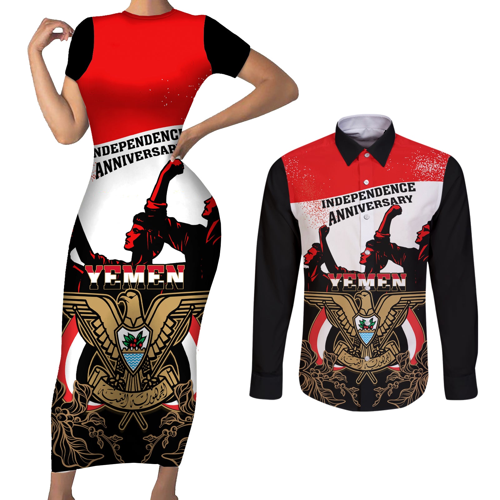 Personalised Yemen Independence Day Couples Matching Short Sleeve Bodycon Dress and Long Sleeve Button Shirt Yemeni Coat Of Arms With Coffea Arabica Flowers - Wonder Print Shop