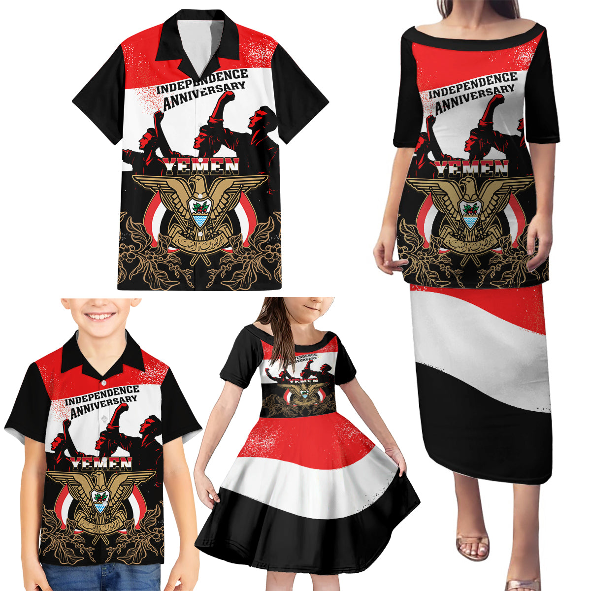 Personalised Yemen Independence Day Family Matching Puletasi Dress and Hawaiian Shirt Yemeni Coat Of Arms With Coffea Arabica Flowers - Wonder Print Shop