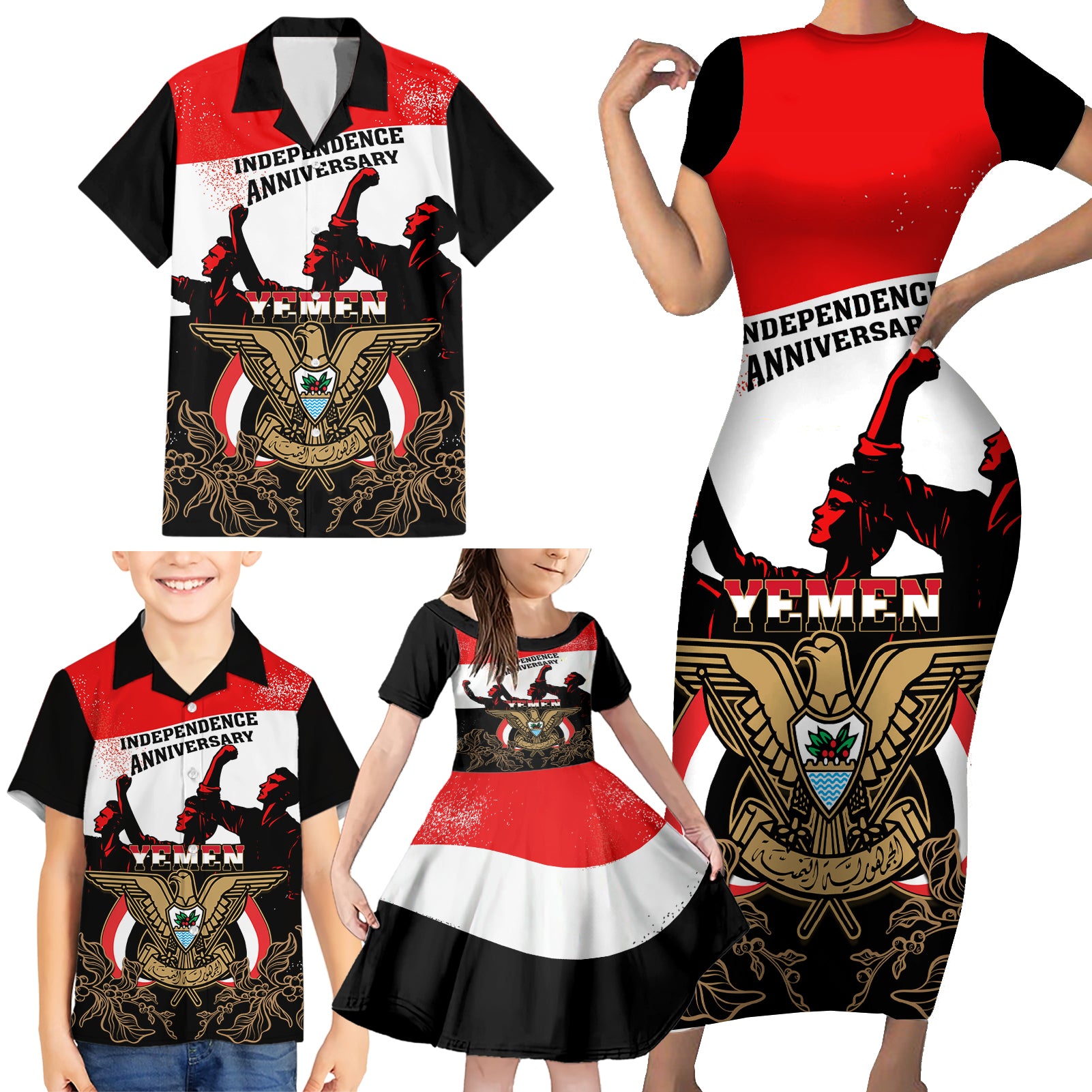 Personalised Yemen Independence Day Family Matching Short Sleeve Bodycon Dress and Hawaiian Shirt Yemeni Coat Of Arms With Coffea Arabica Flowers - Wonder Print Shop