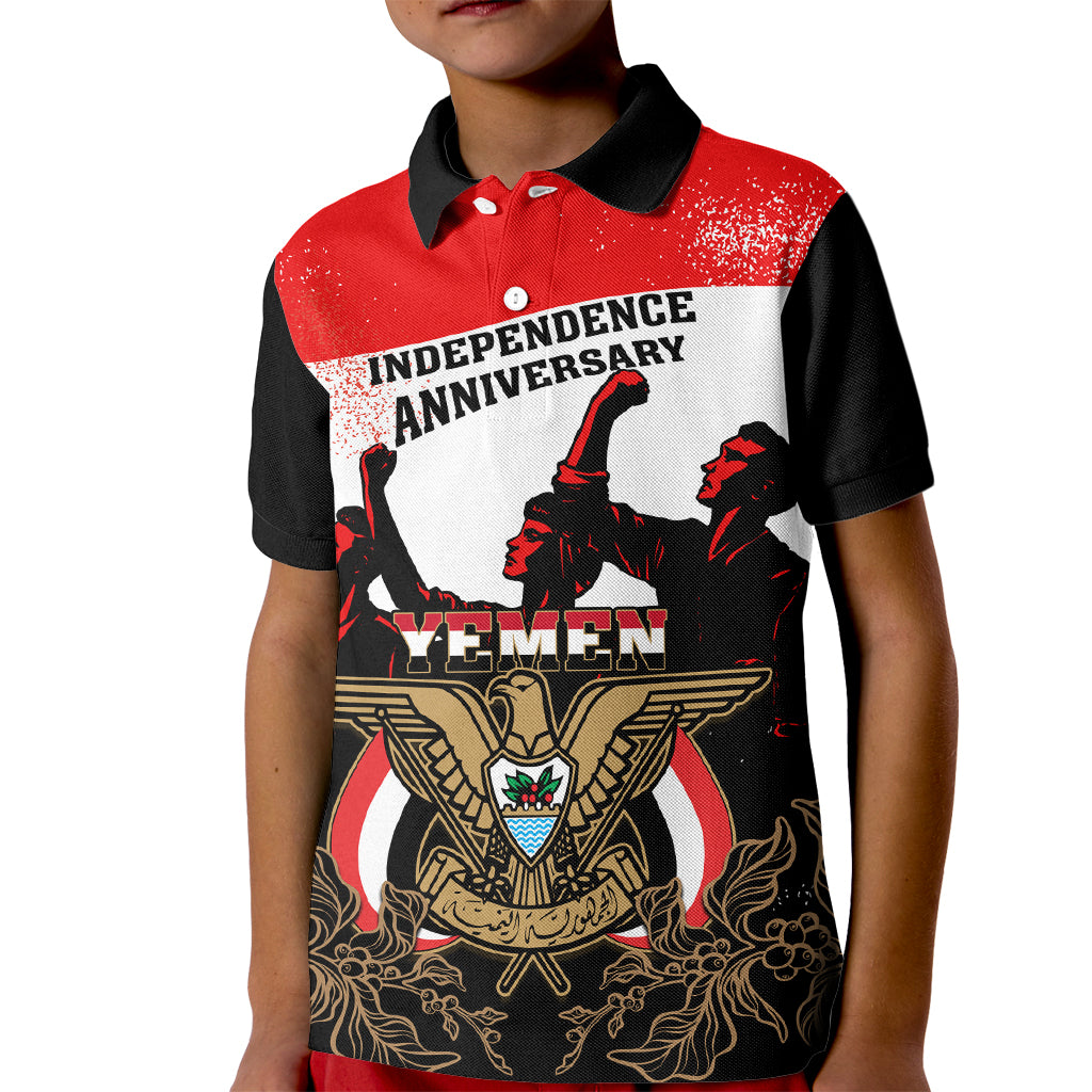 Personalised Yemen Independence Day Kid Polo Shirt Yemeni Coat Of Arms With Coffea Arabica Flowers - Wonder Print Shop