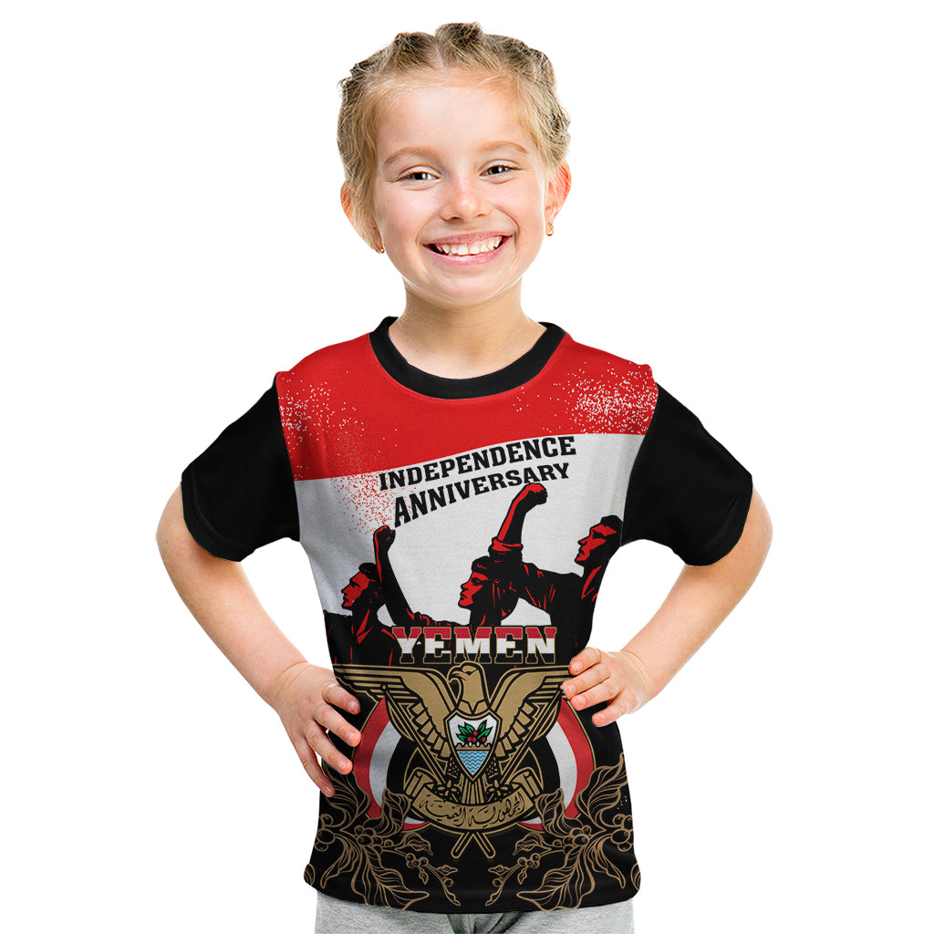 Personalised Yemen Independence Day Kid T Shirt Yemeni Coat Of Arms With Coffea Arabica Flowers - Wonder Print Shop