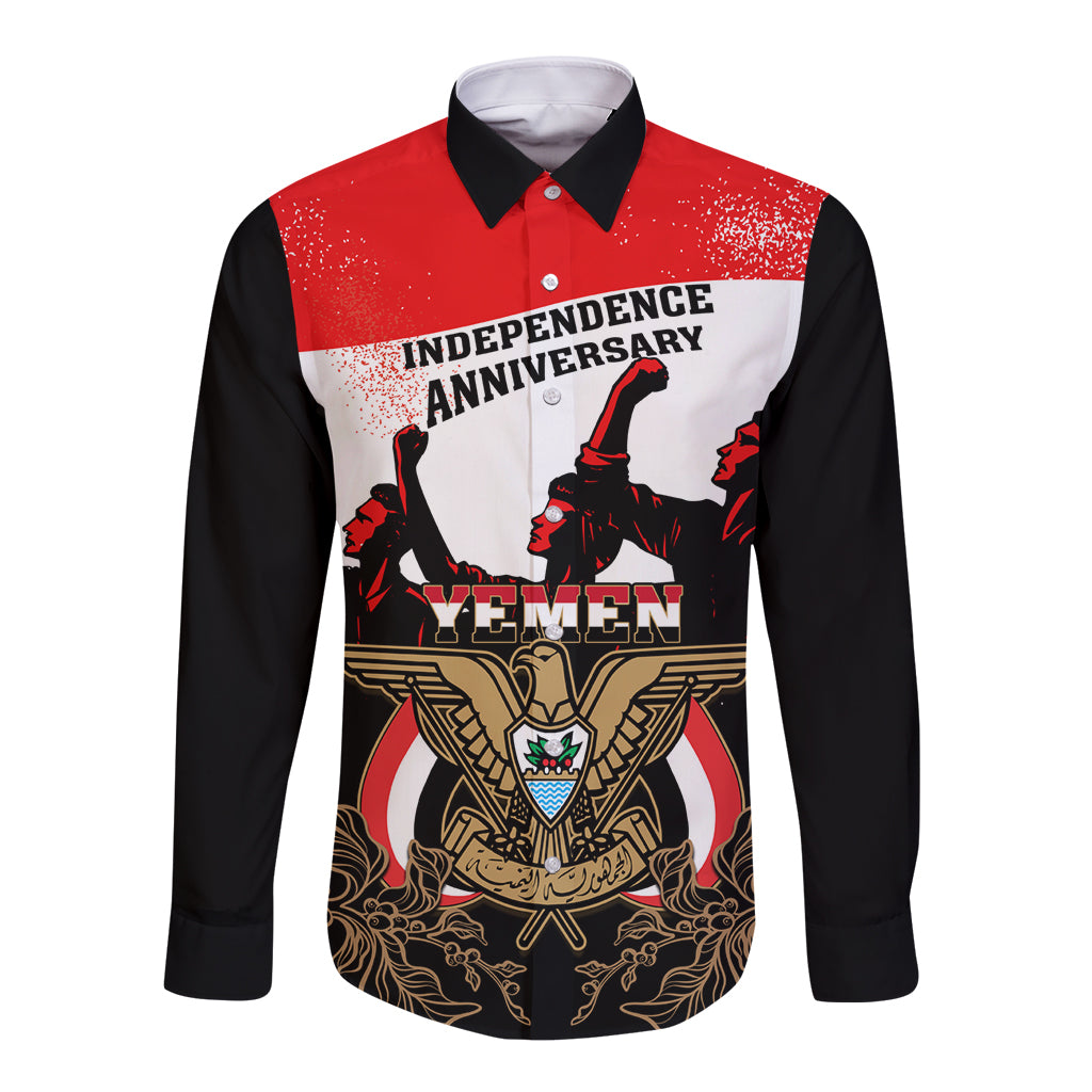 Black long-sleeve button shirt with Yemen Independence Anniversary front graphic
