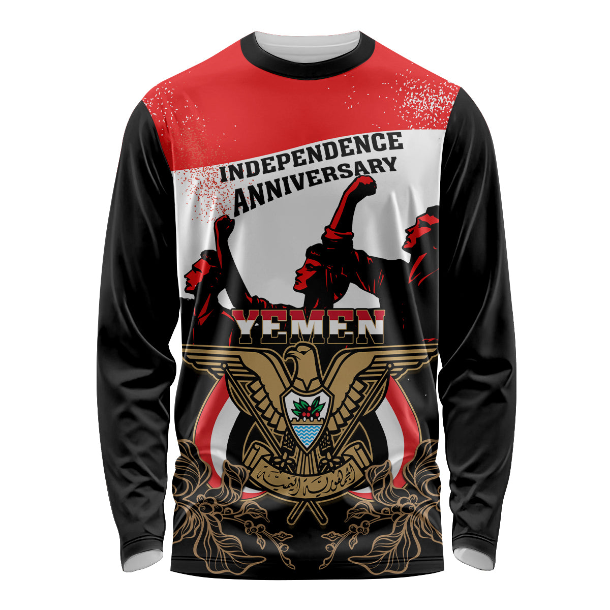 Unisex long-sleeve shirt, black sleeves, Independence Anniversary Yemen graphic