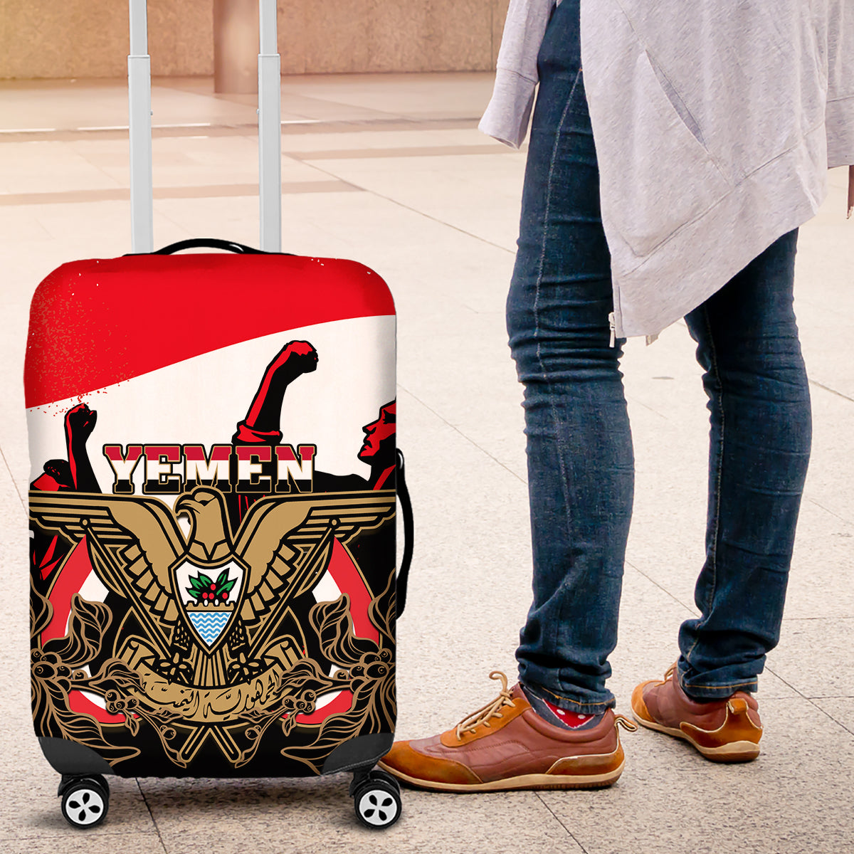 Yemen Independence Day Luggage Cover Yemeni Coat Of Arms With Coffea Arabica Flowers - Wonder Print Shop