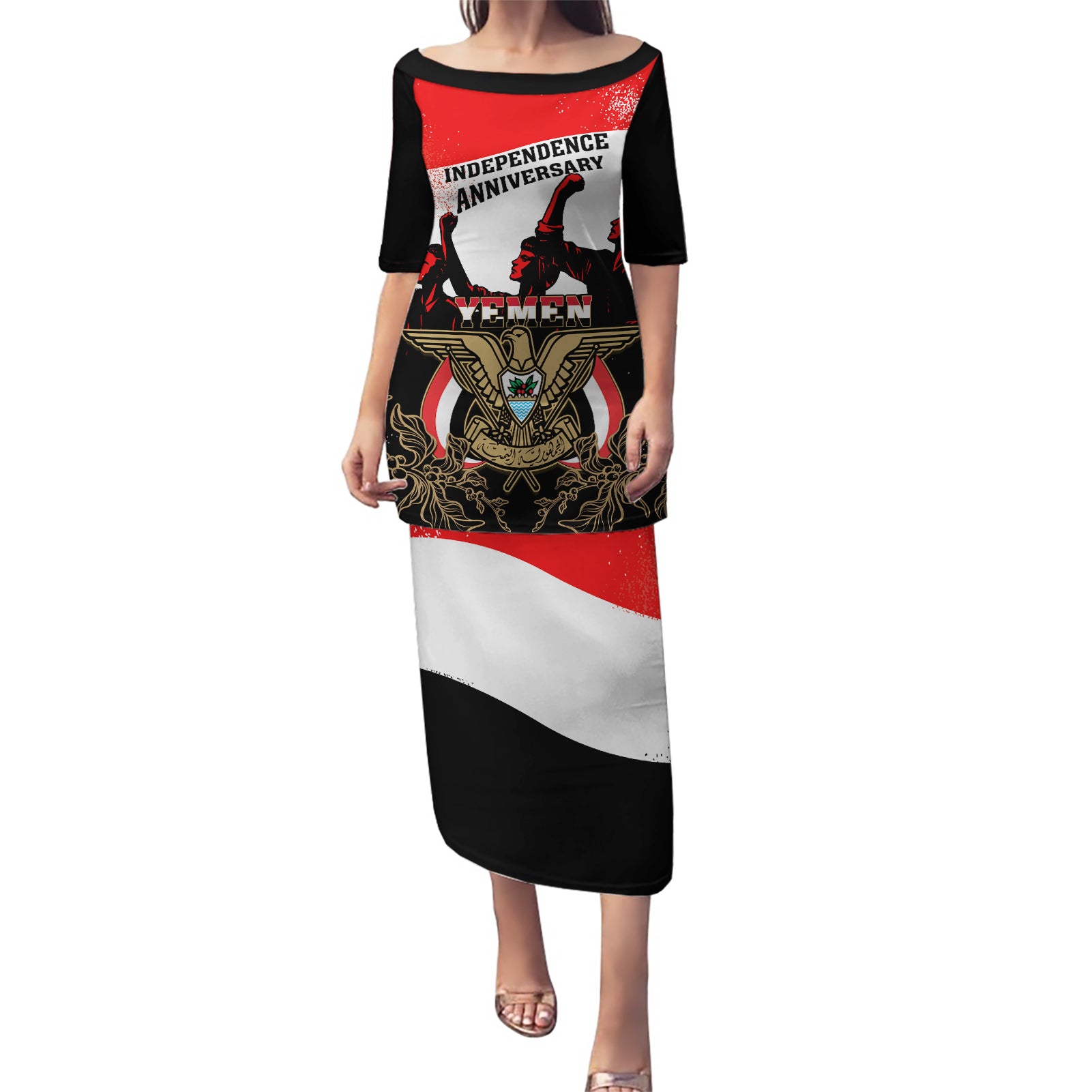 Personalised Yemen Independence Day Puletasi Yemeni Coat Of Arms With Coffea Arabica Flowers - Wonder Print Shop