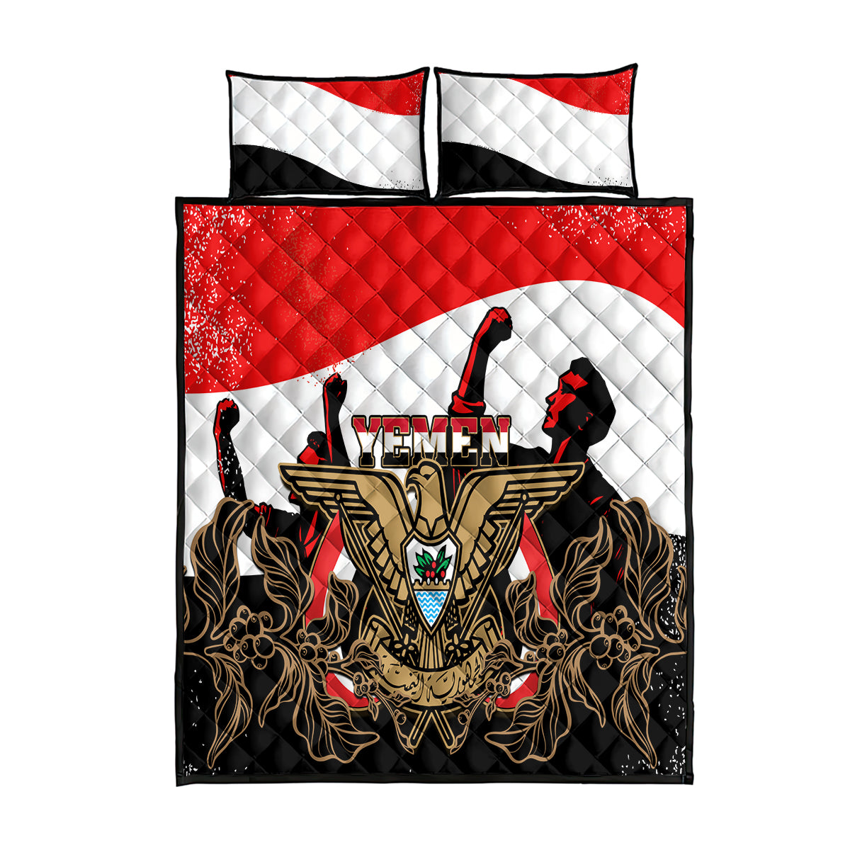 Yemen Independence Day Quilt Bed Set Yemeni Coat Of Arms With Coffea Arabica Flowers - Wonder Print Shop