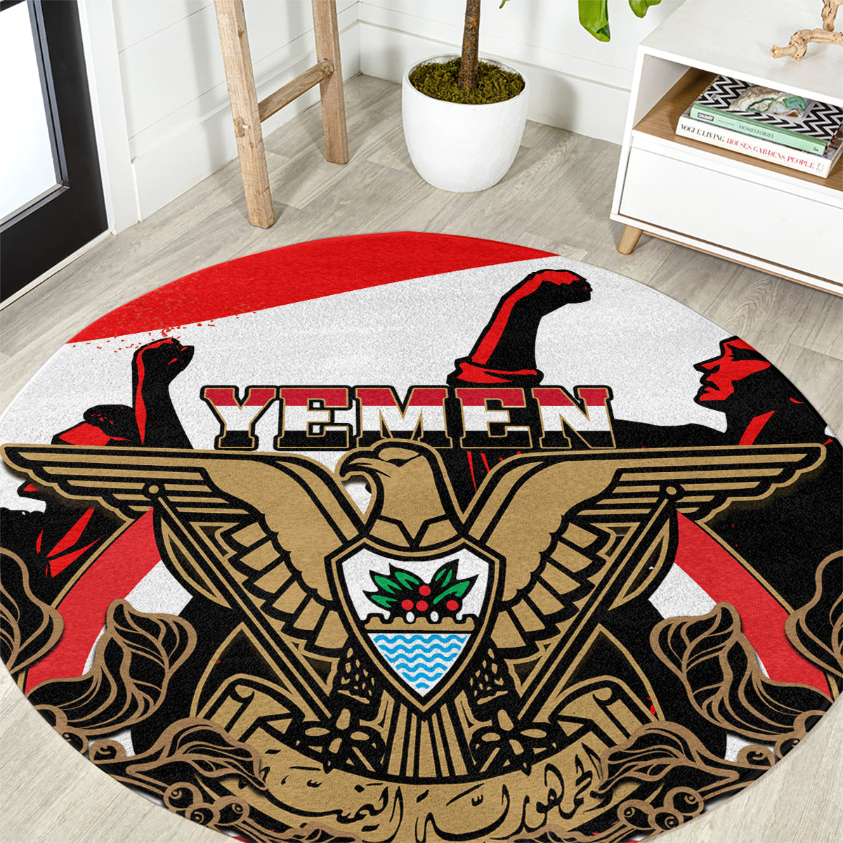 personalised-yemen-independence-day-round-carpet-yemeni-coat-of-arms-with-coffea-arabica-flowers