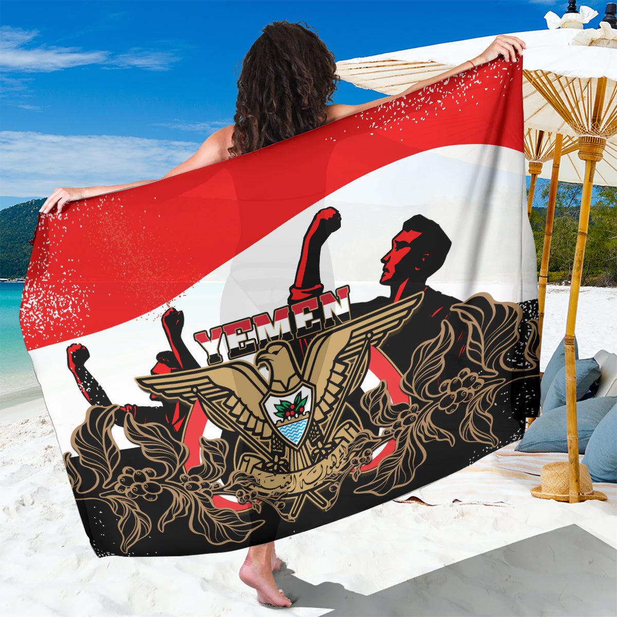 Close-up Yemen-themed sarong with red and white bands and black coat-of-arms emblem