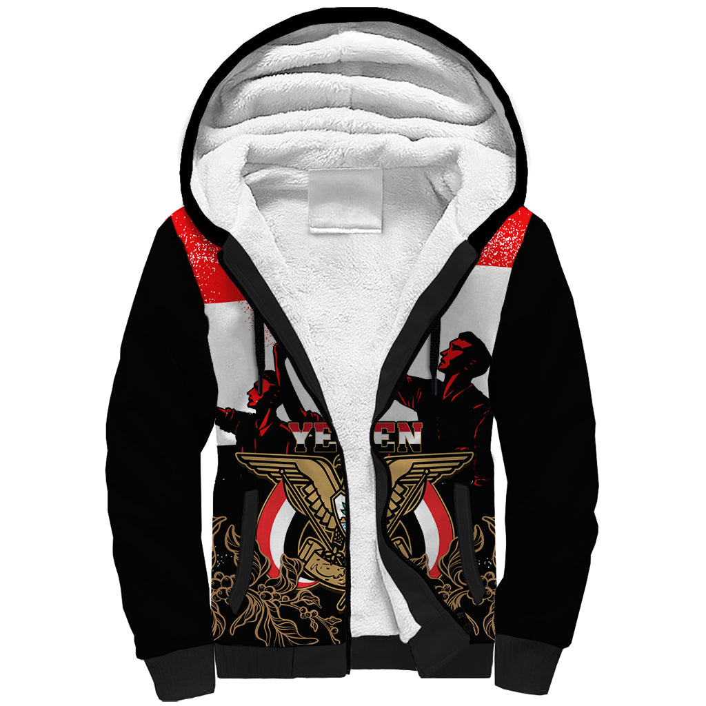 Personalised Yemen Independence Day Sherpa Hoodie Yemeni Coat Of Arms With Coffea Arabica Flowers - Wonder Print Shop