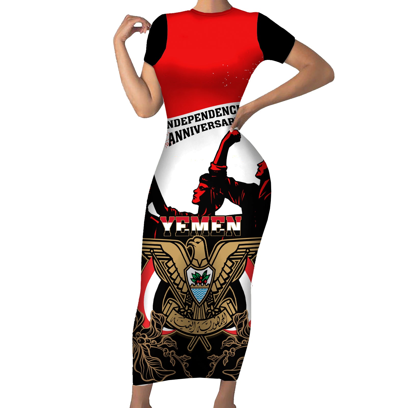 Personalised Yemen Independence Day Short Sleeve Bodycon Dress Yemeni Coat Of Arms With Coffea Arabica Flowers - Wonder Print Shop