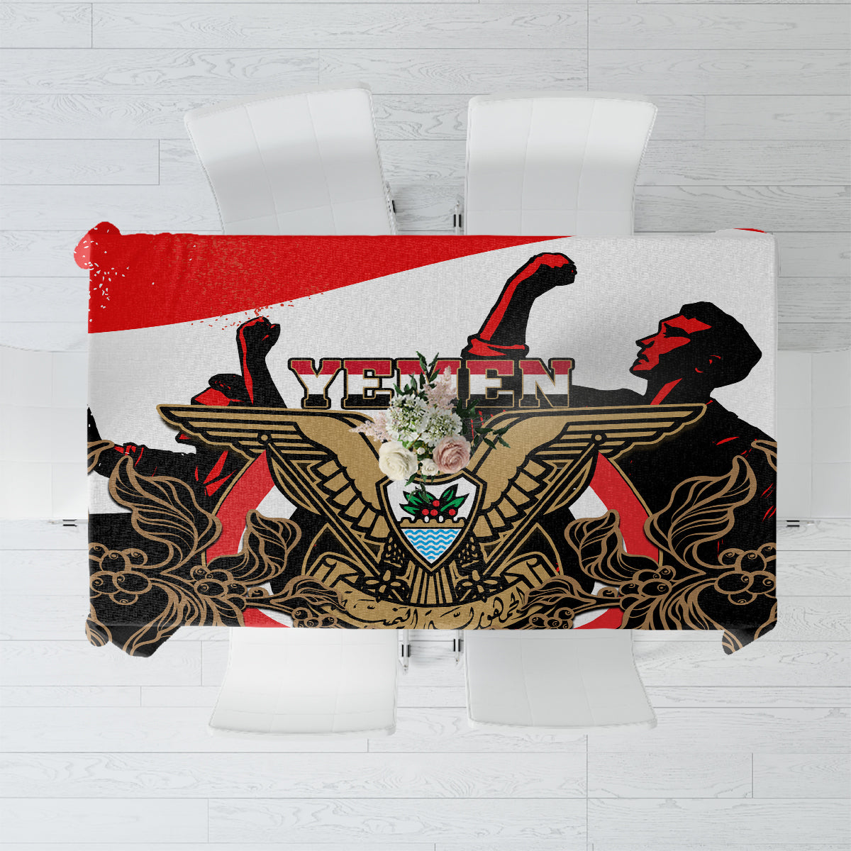 Black tablecloth with gold leaf pattern, red border, Yemen-style emblem center
