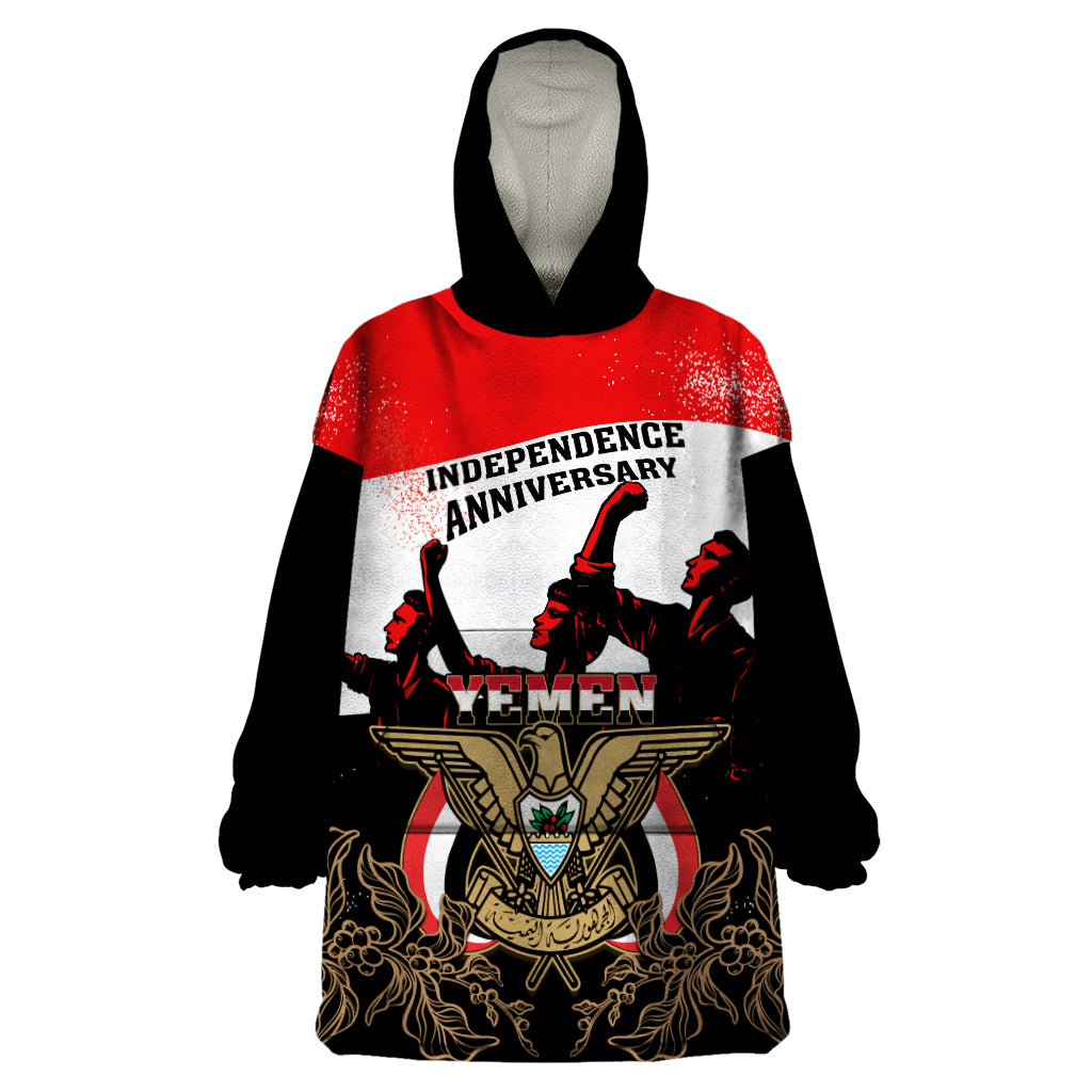 Personalised Yemen Independence Day Wearable Blanket Hoodie Yemeni Coat Of Arms With Coffea Arabica Flowers - Wonder Print Shop