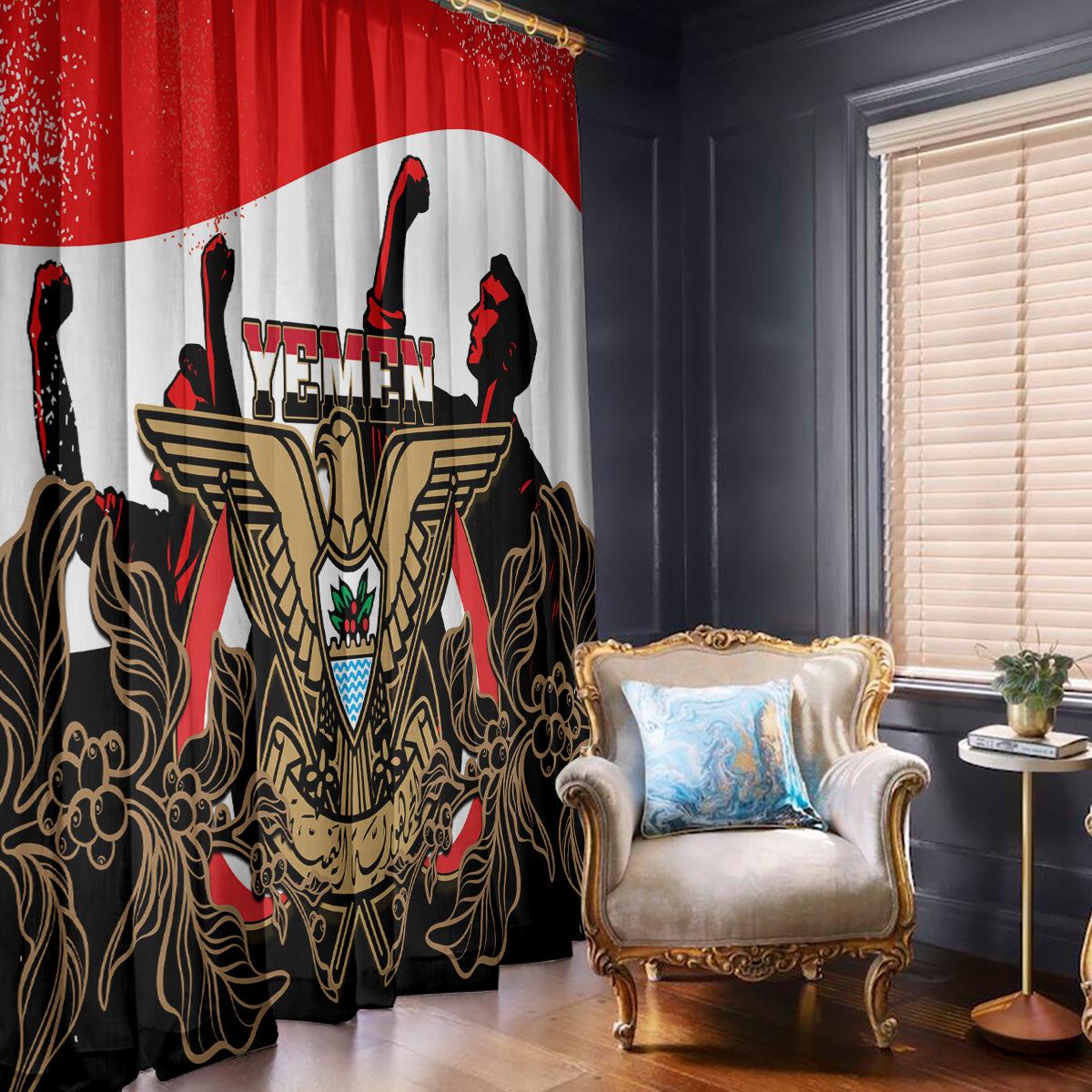 Yemen-themed window curtain with coat of arms and red white black gold design