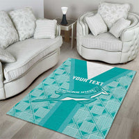 Teal geometric area rug with white band and springbok sevens emblem, 'YOUR TEXT'