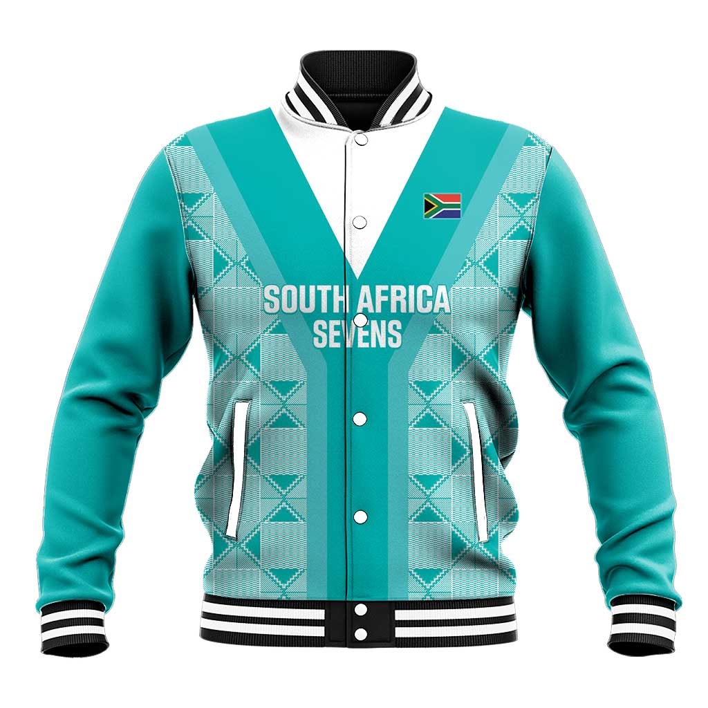 Teal and white baseball jacket with snap front, striped collar, and South Africa Sevens graphic