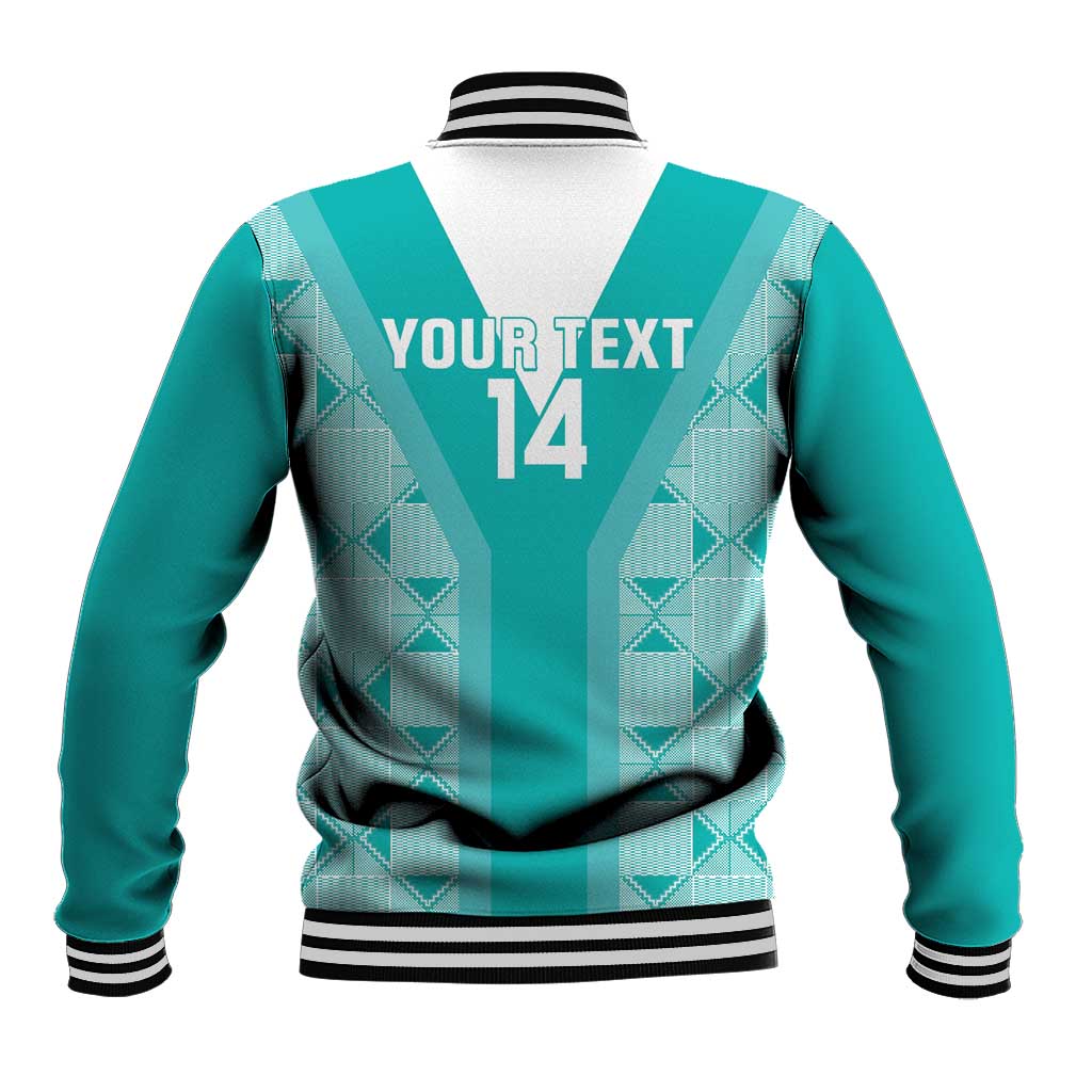 Teal and white baseball jacket back with striped yoke, “YOUR TEXT 14,” and ribbed hem