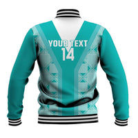 Teal and white baseball jacket back with striped yoke, “YOUR TEXT 14,” and ribbed hem
