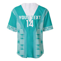 Teal baseball rugby jersey back, white V-neck, YOUR TEXT 14, patterned panels