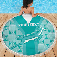 Fringed round teal beach blanket with “YOUR TEXT” and Springbok Sevens logo on the center panel.