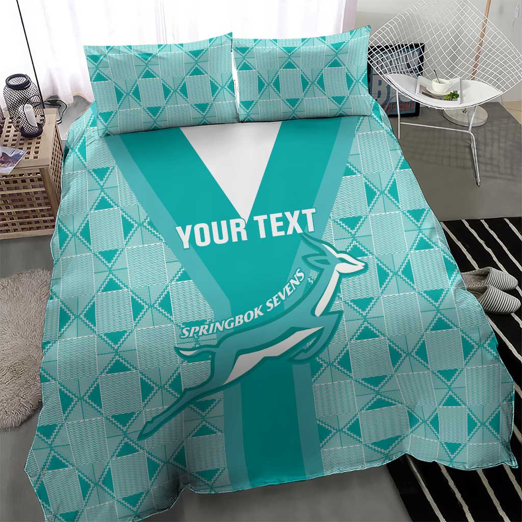 Teal rugby bedding set with geometric pattern, white V panel, runner graphic, custom text
