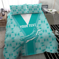 Teal rugby bedding set with geometric pattern, white V panel, runner graphic, custom text