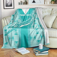 Teal custom rugby blanket with white V stripe and Springbok graphic, "YOUR TEXT"