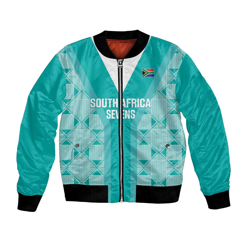 Teal rugby bomber jacket with white panel, black rib trim, zip front, flag patch