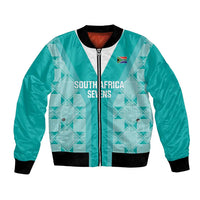 Teal rugby bomber jacket with white panel, black rib trim, zip front, flag patch