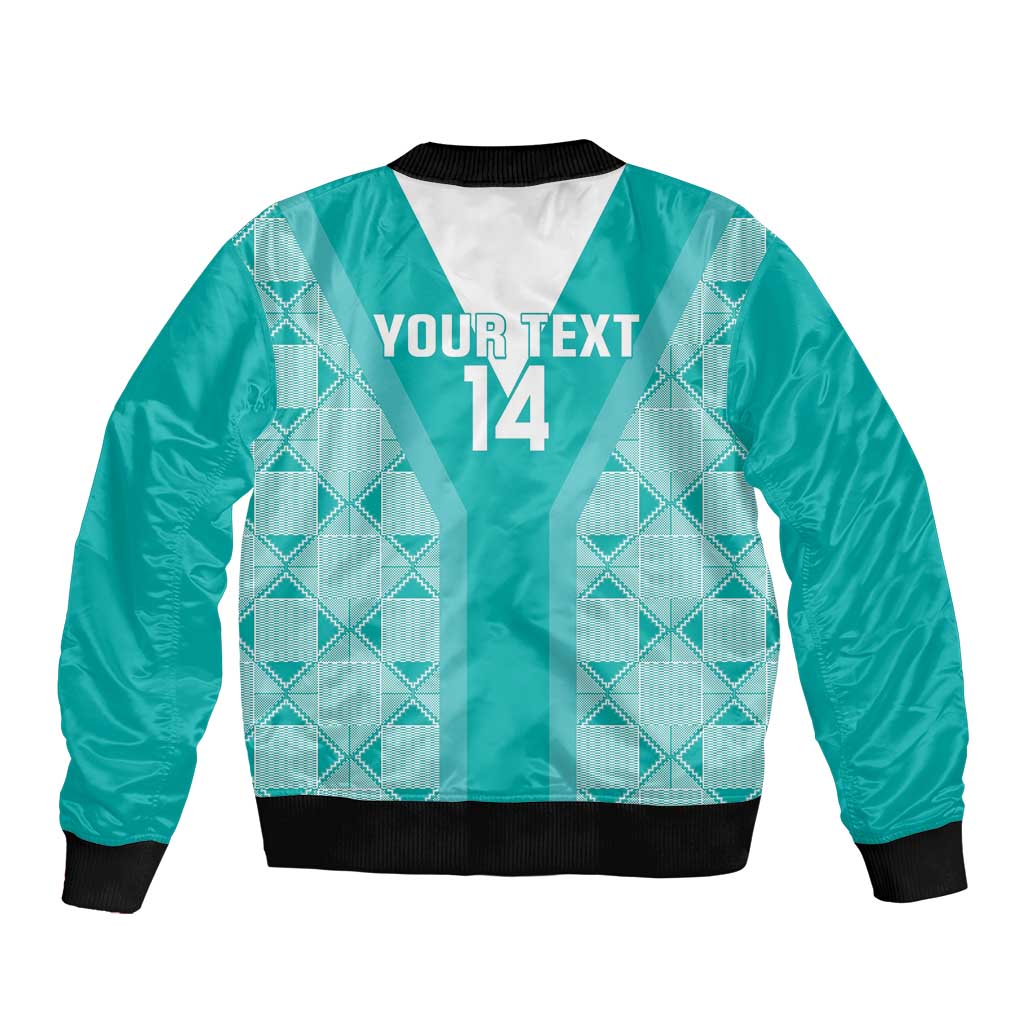 Teal rugby bomber jacket with white panel, black rib trim, zip front, YOUR TEXT 14