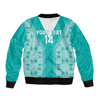 Teal rugby bomber jacket with white panel, black rib trim, zip front, YOUR TEXT 14