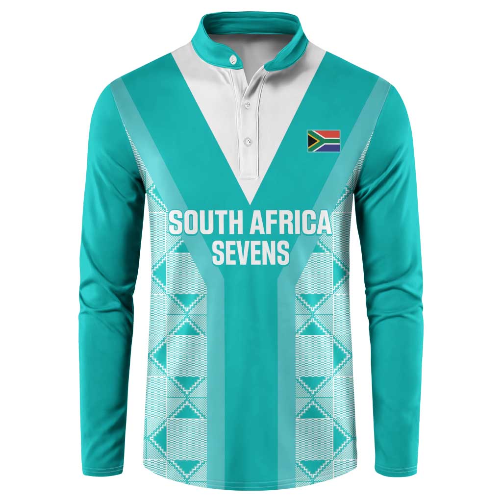 Teal long-sleeve rugby-style button sweatshirt with white V-panel and South Africa Sevens print