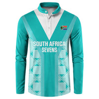 Teal long-sleeve rugby-style button sweatshirt with white V-panel and South Africa Sevens print