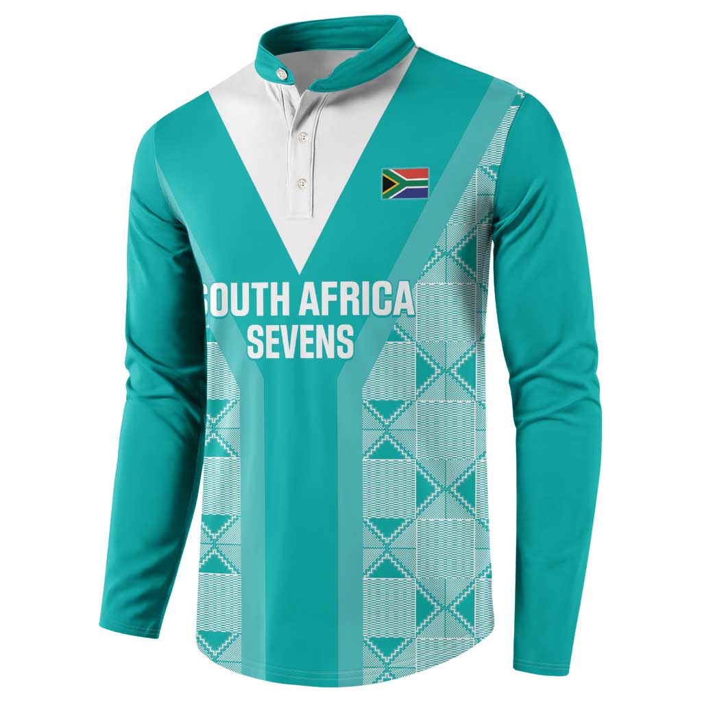 Teal long-sleeve button sweatshirt with white V-panel, South Africa Sevens text front