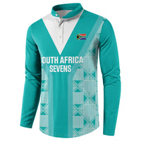 Teal long-sleeve button sweatshirt with white V-panel, South Africa Sevens text front