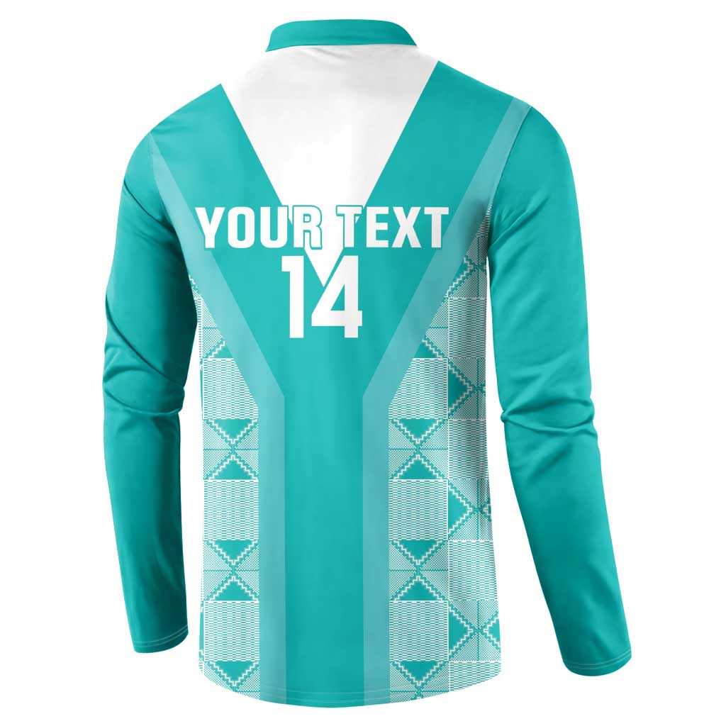 Teal long-sleeve back of button sweatshirt with white V-panel and YOUR TEXT 14