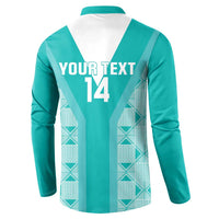 Teal long-sleeve back of button sweatshirt with white V-panel and YOUR TEXT 14