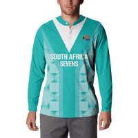 Teal long-sleeve button sweatshirt with white V-panel and South Africa Sevens graphic