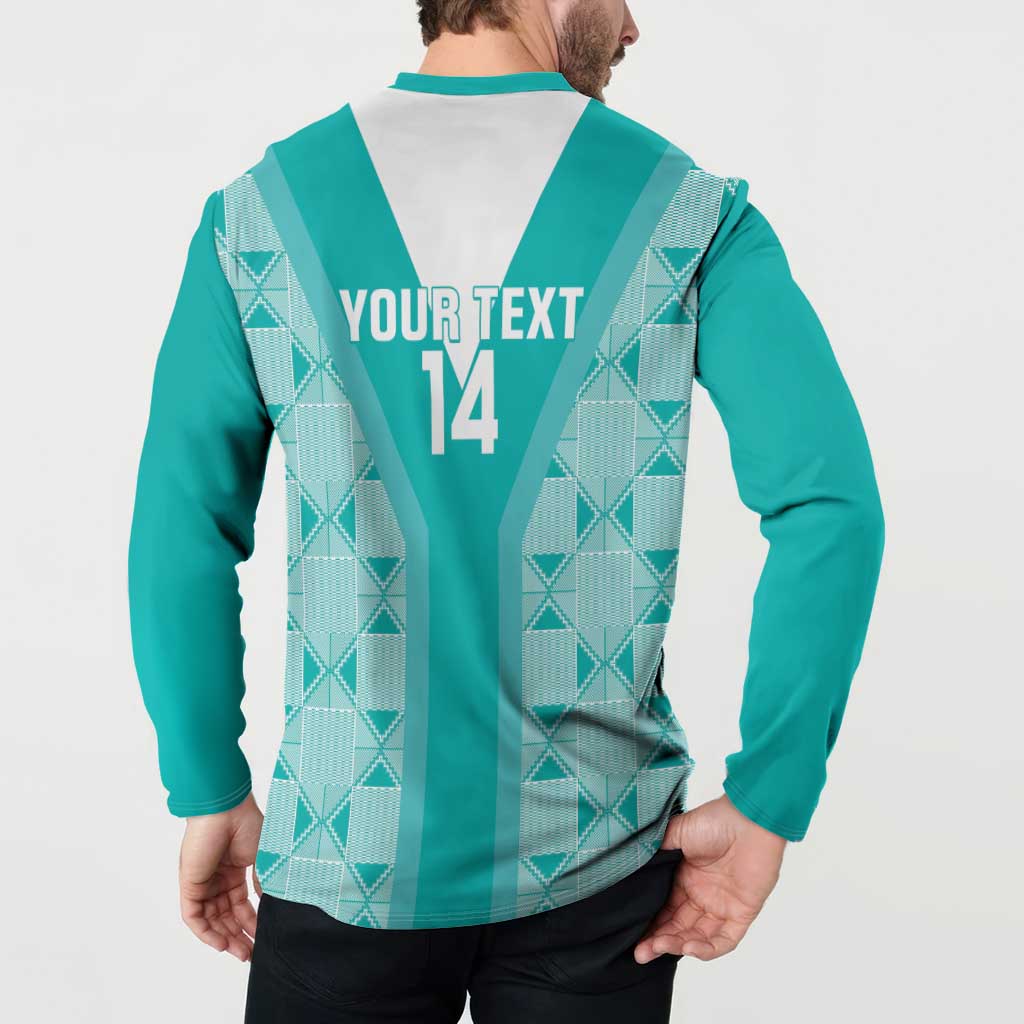 Teal back button sweatshirt with white V-panel and YOUR TEXT 14 print