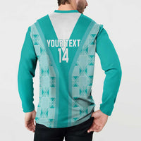 Teal back button sweatshirt with white V-panel and YOUR TEXT 14 print