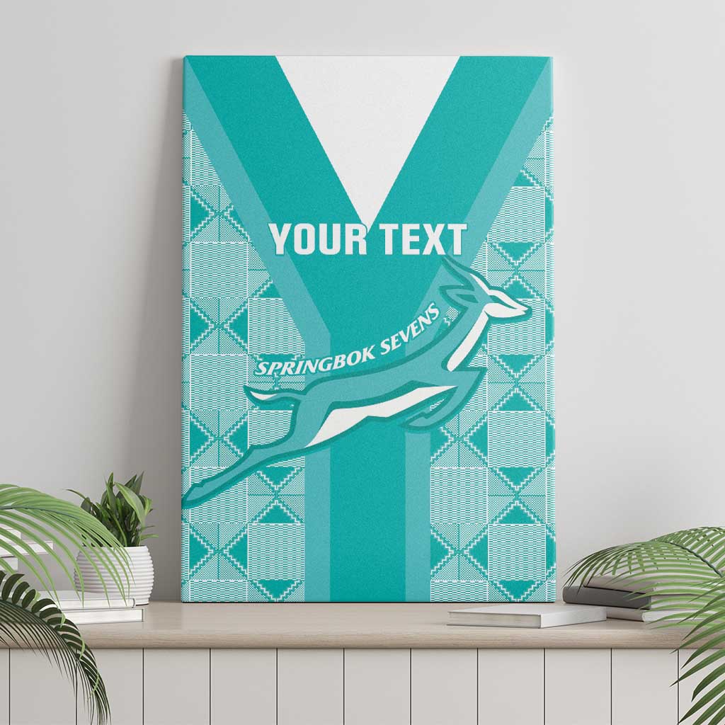 Teal canvas wall art on wall with “YOUR TEXT” and Springbok Sevens antelope